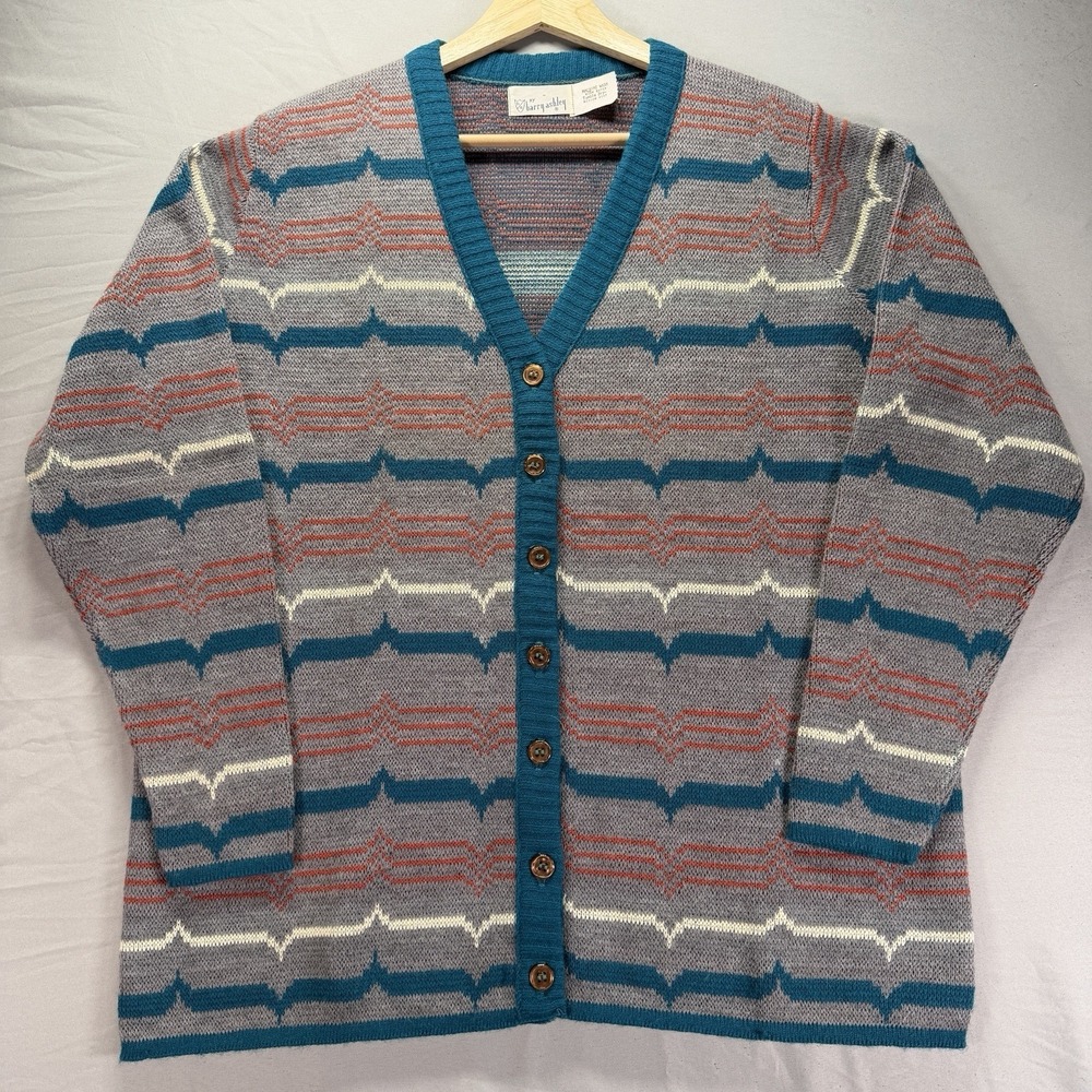 Vintage Grandma Cardigan Sweater Womens Large Multicolor Geometric Knit Cottage